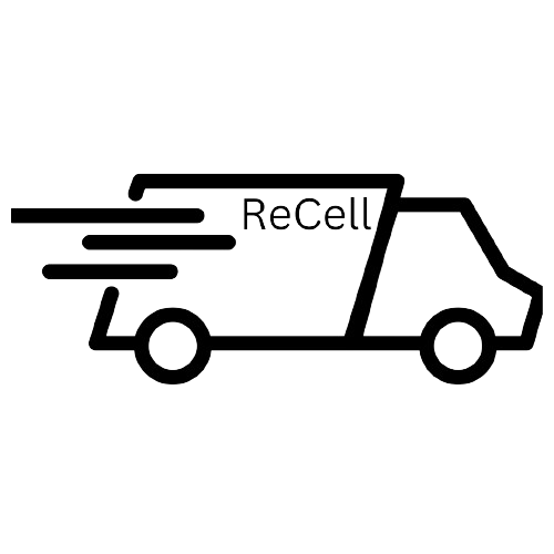 A black and white drawing of a delivery truck with the text "ReCell" on the side.