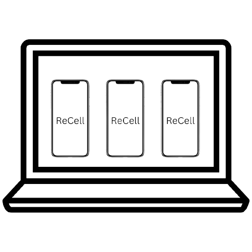A laptop computer with three cell phones on its screen. The cell phones appear to be browsing a website or app that says "ReCell" at the top.