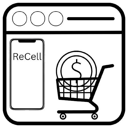 A shopping cart with a dollar coin inside sits on a smartphone screen. The text "ReCell" is displayed on the screen. 